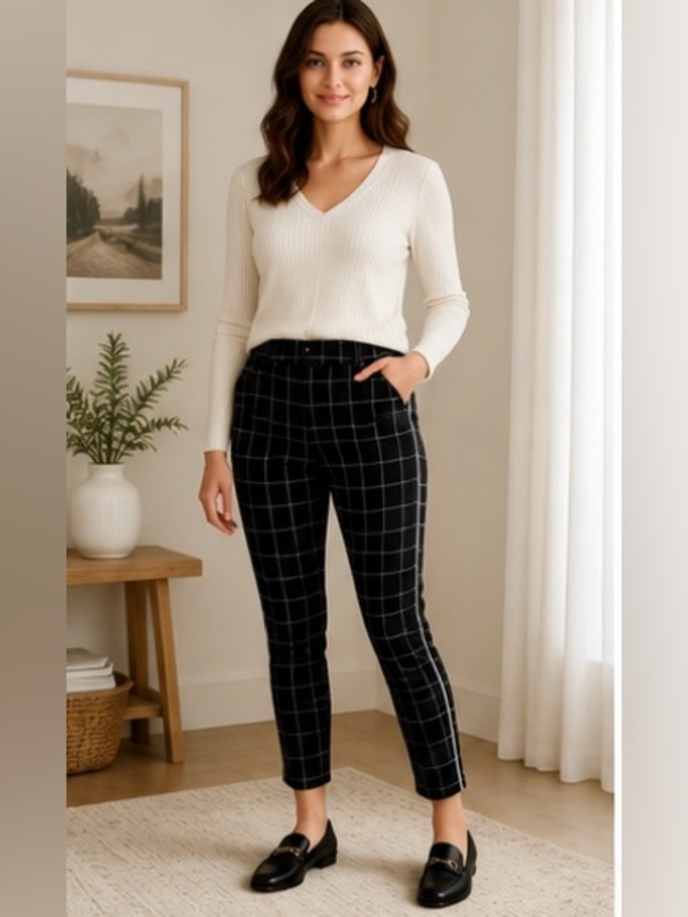 Old Navy Pixie Plaid Ankle Pants Size 6 Black White Side Stripe